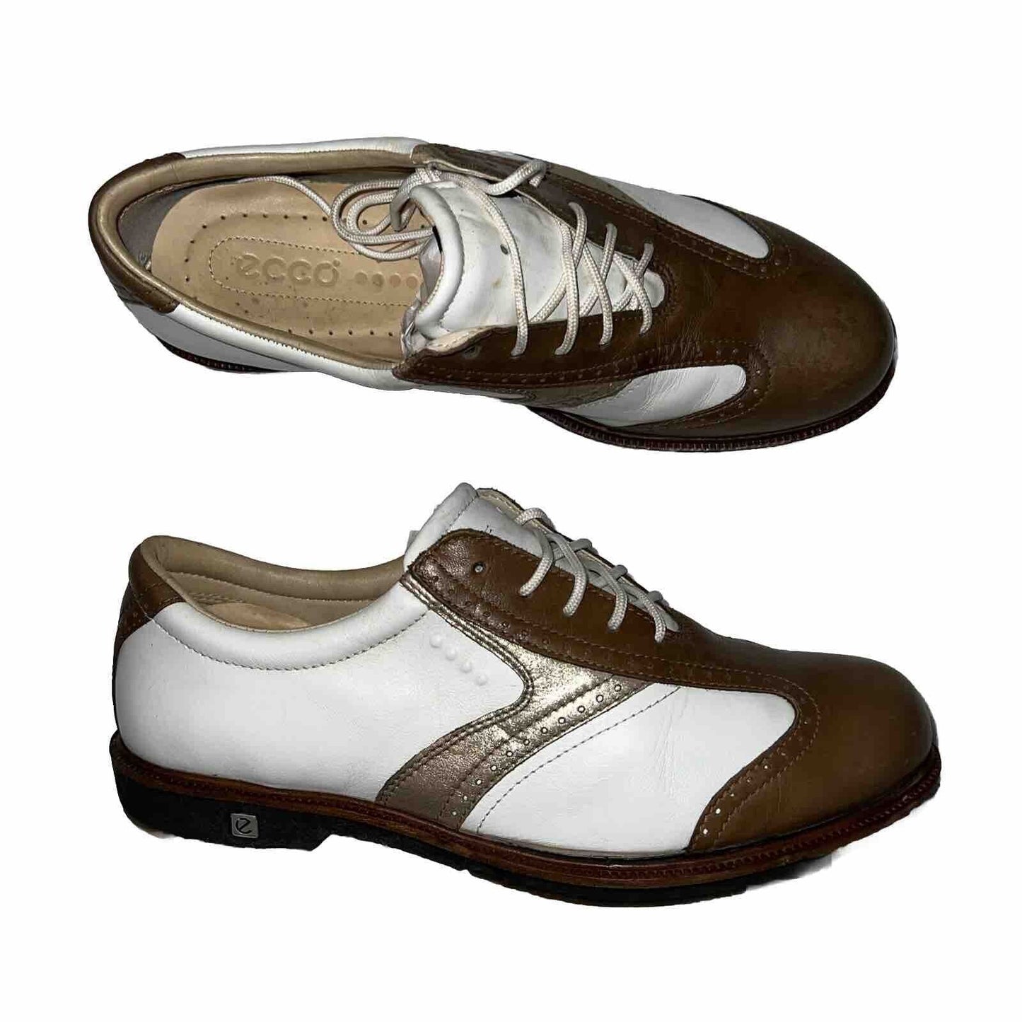 Women’s Ecco Spiked Golf Shoe 38EU White/Brown/Metallic Hydromax Leather