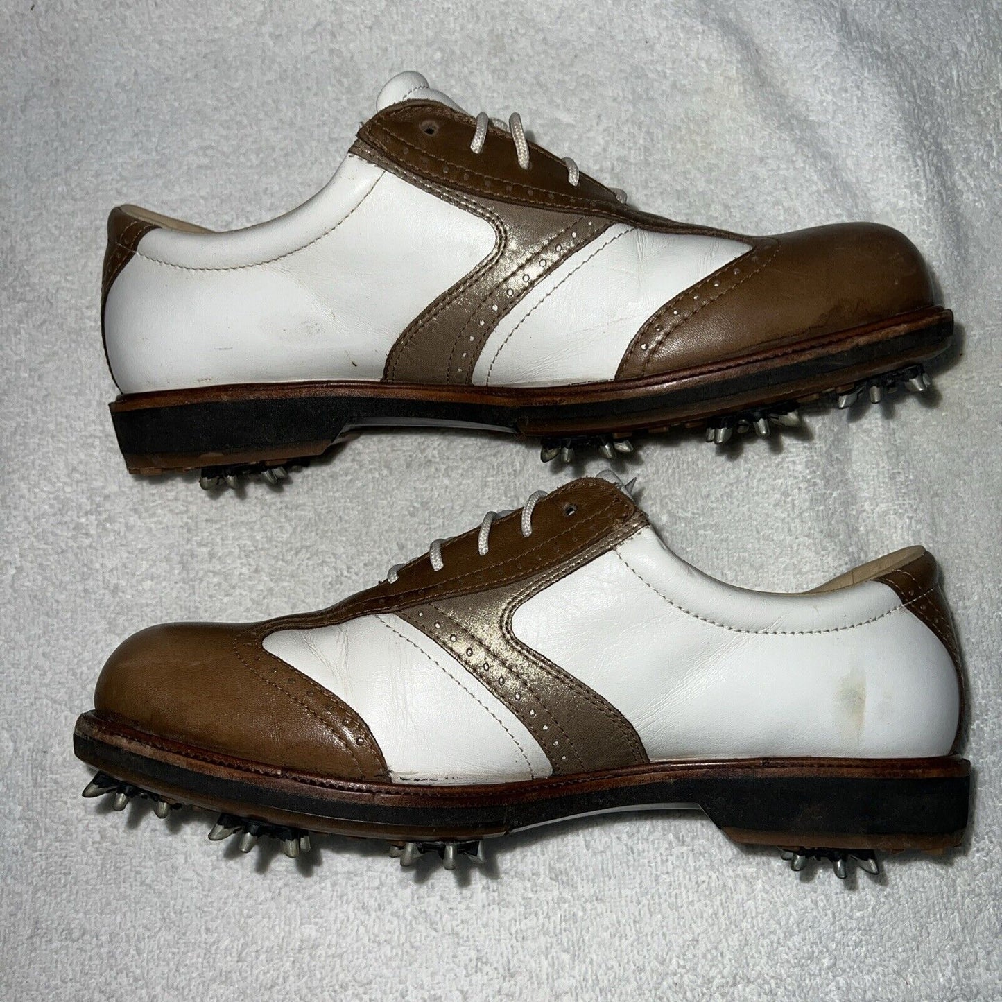 Women’s Ecco Spiked Golf Shoe 38EU White/Brown/Metallic Hydromax Leather