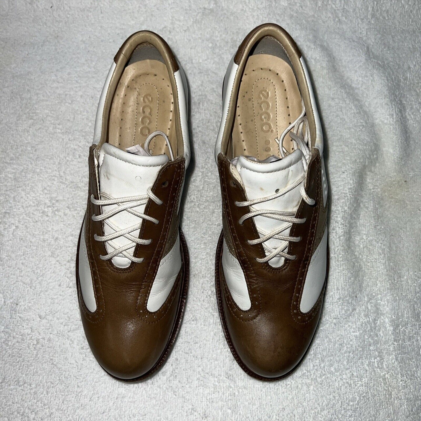 Women’s Ecco Spiked Golf Shoe 38EU White/Brown/Metallic Hydromax Leather