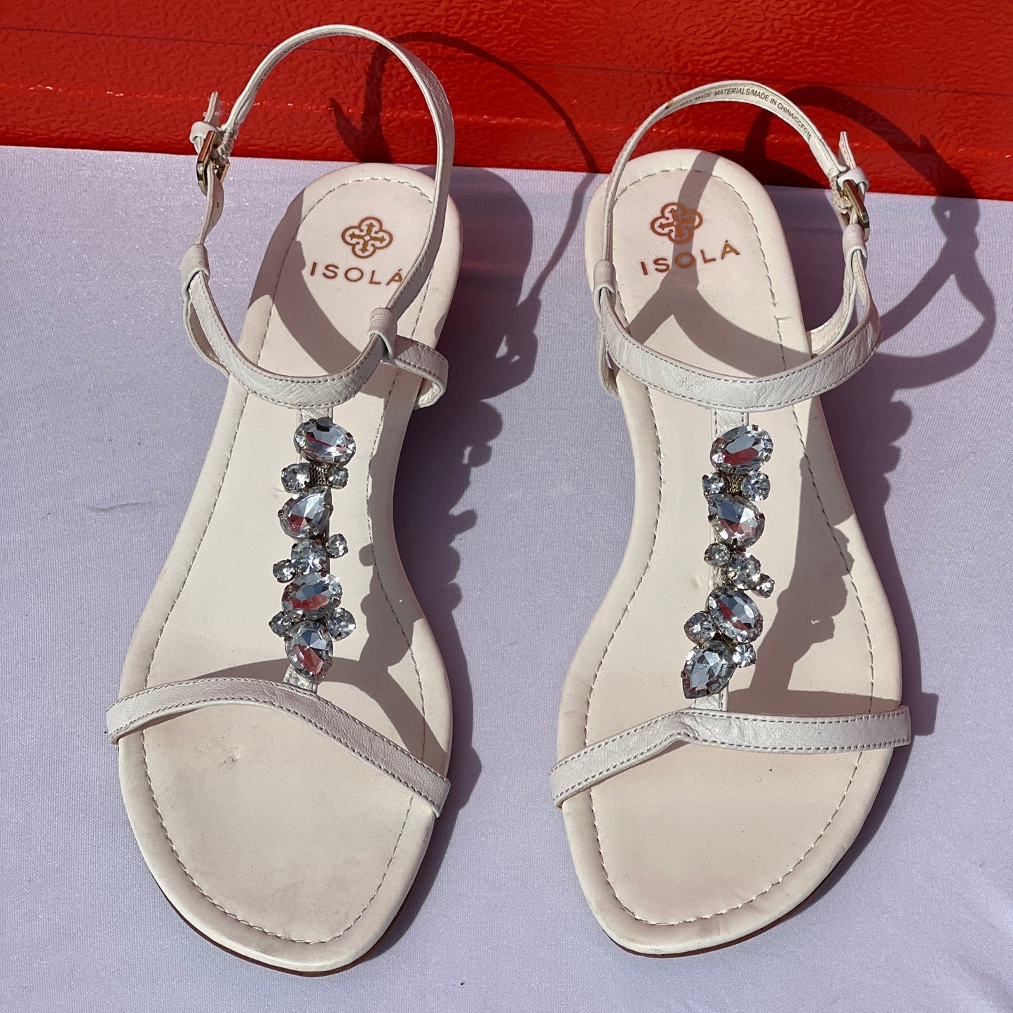 Woman’s Isola Trista T-strap Jeweled Sandal 10M White Leather