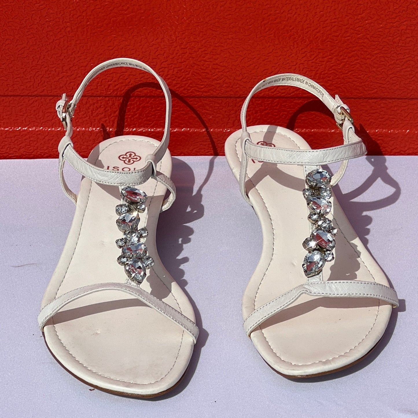 Woman’s Isola Trista T-strap Jeweled Sandal 10M White Leather