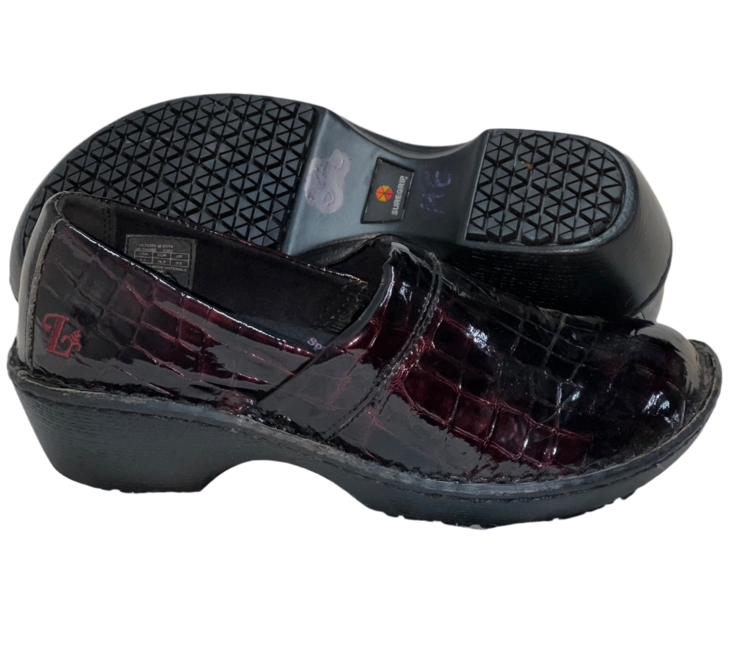 Women’s Lila Non-slip Clog by SureGrip 5.5M Black Croco Patent