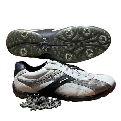 Men’s Ecco Hydomax Cleated Golf Shoe • White/Black Leather • Size 46