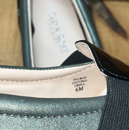 Women’s Taryn Rose-Traveler •Taurus • Elastic-gored Slip on 6M  Pewter leather /Black patent