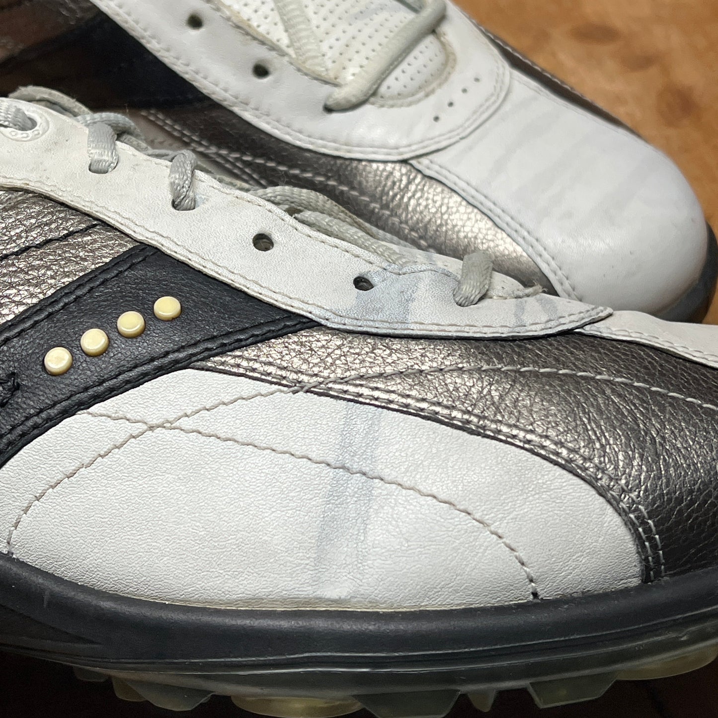 Men’s Ecco Hydomax Cleated Golf Shoe • White/Black Leather • Size 46