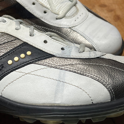 Men’s Ecco Hydomax Cleated Golf Shoe • White/Black Leather • Size 46