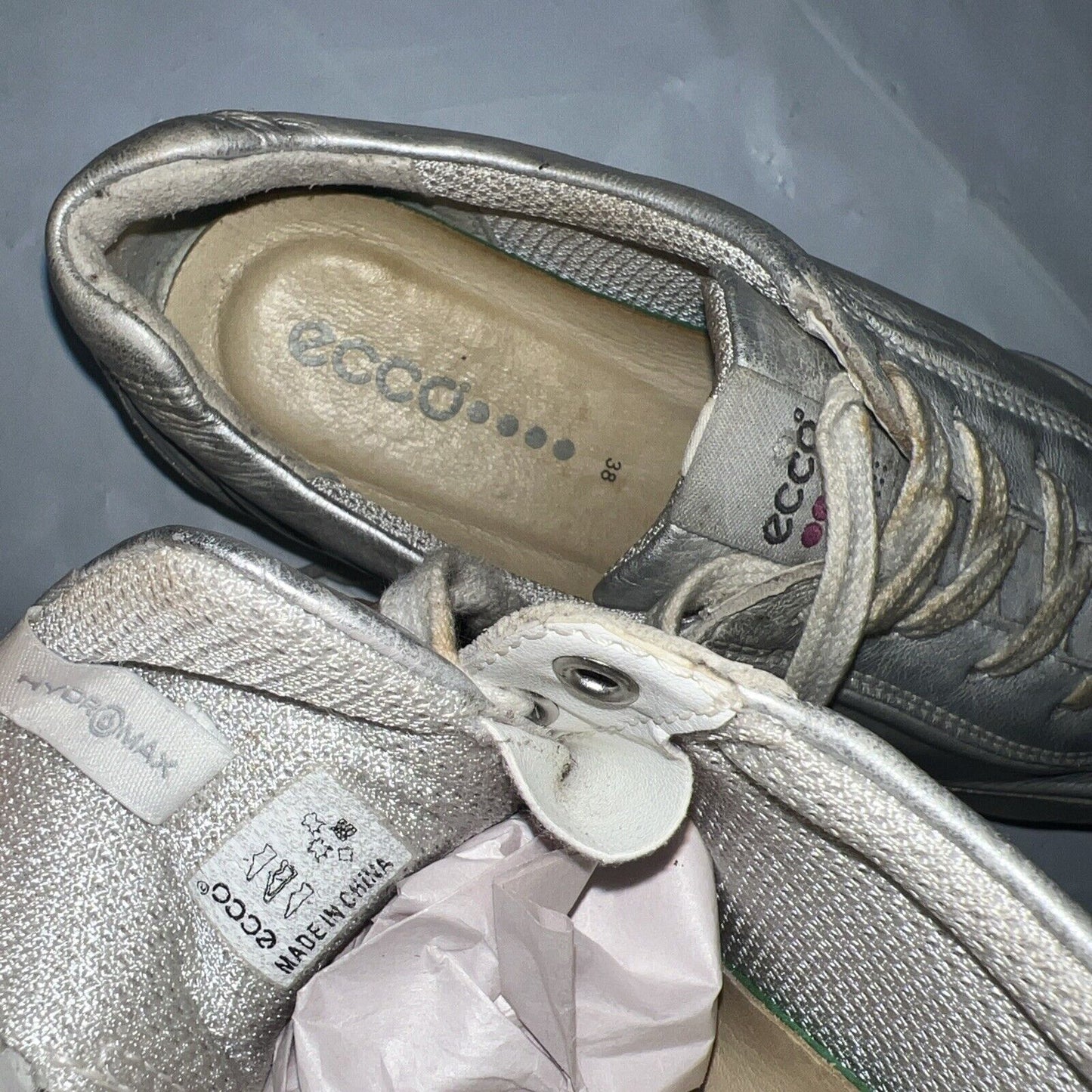 Women’s Ecco Street  Spikeless Golf Shoe 38EU Metallic Silver Hydromax  Leather