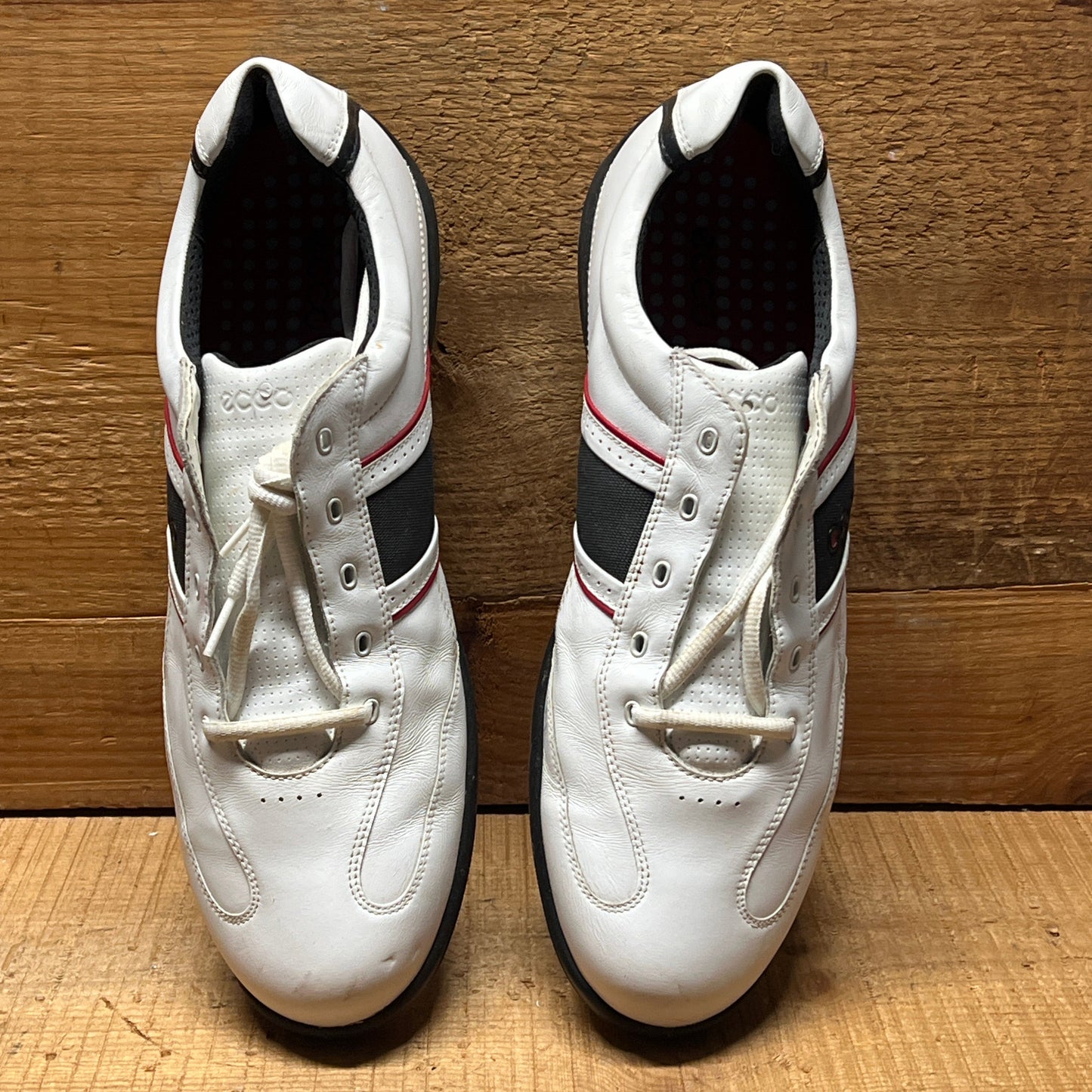 Men’s Ecco Hydomax Cleated Golf Shoe •White/Black/Red Hjydromax Leather • Size 46