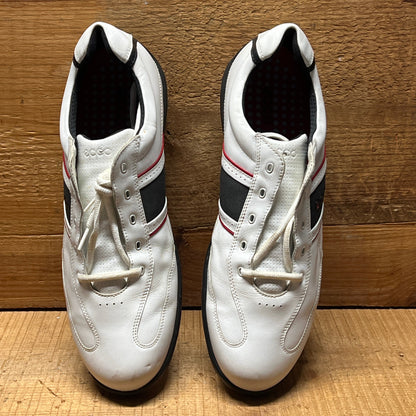 Men’s Ecco Hydomax Cleated Golf Shoe •White/Black/Red Hjydromax Leather • Size 46