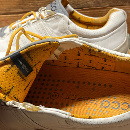 Men’s Ecco Biom Cleated Golf Shoe  44EU •White/Grey/Citron• Hydromax Yak Leather