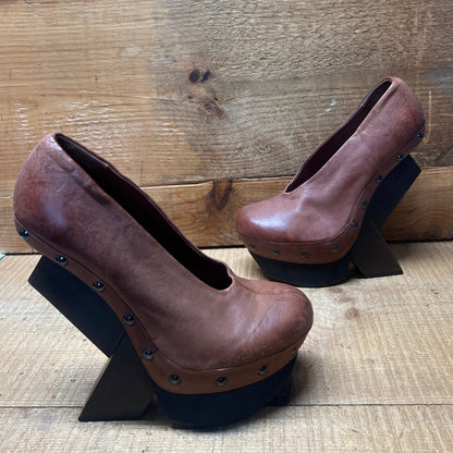UNITED NUDE Women's Abstract Rustic Wood Platform High Heel 39 Brown Leather