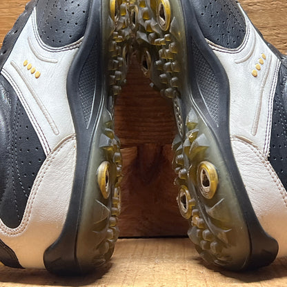 Men’s Ecco Hydomax Cleated Golf Shoe • Black/White Leather • Size 44