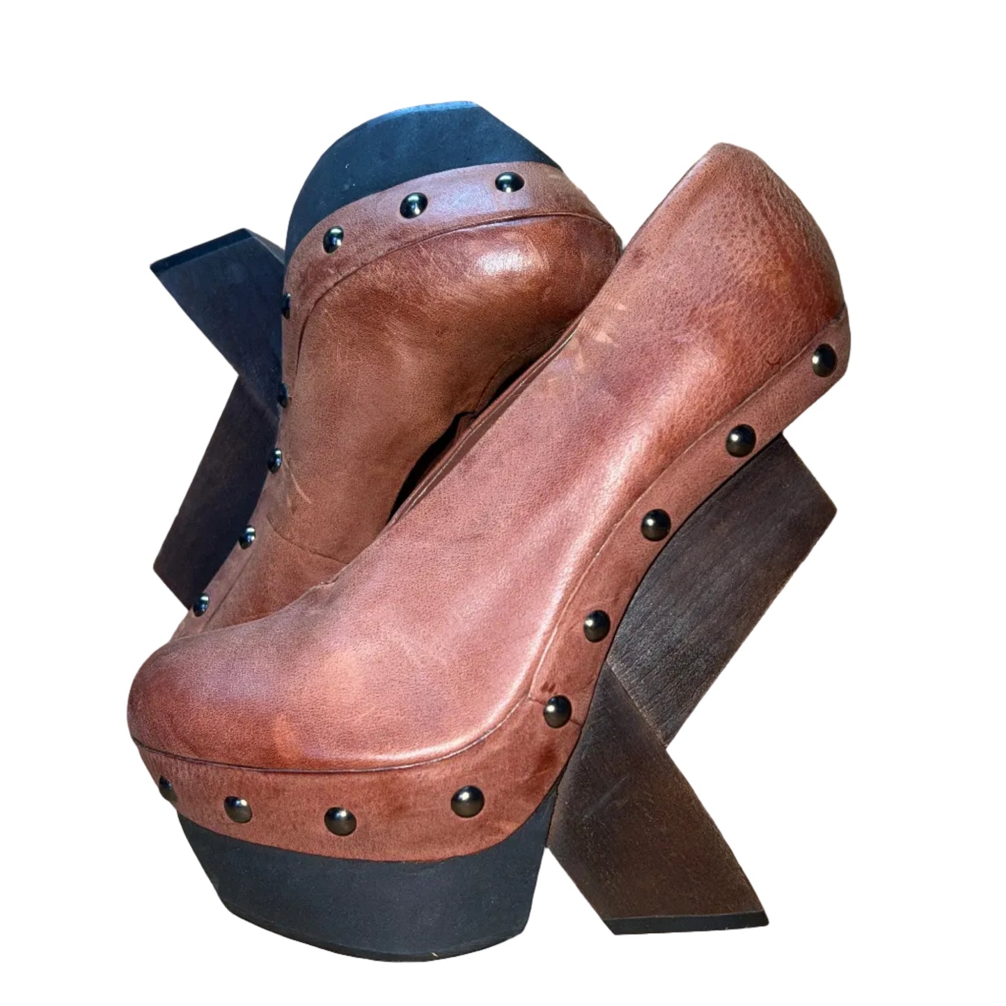 UNITED NUDE Women's Abstract Rustic Wood Platform High Heel 39 Brown Leather