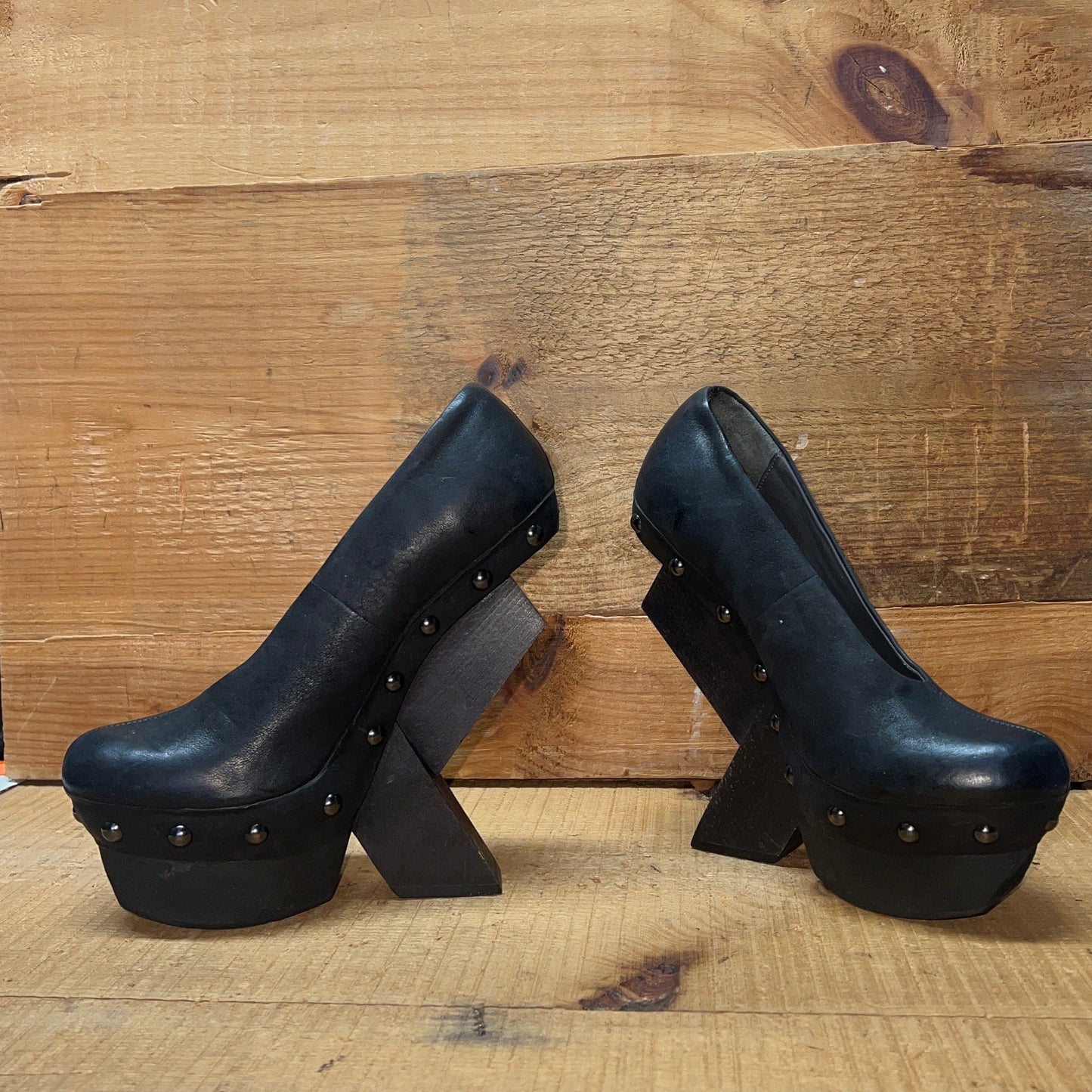 UNITED NUDE Women's Abstract Rustic Wood Platform High Heel 37 Black Leather