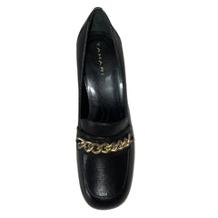 TAHARI Women's Lulu Chunky-Heeled  Gold Chain Loafer - Black Leather 7M