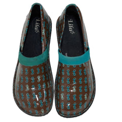 Women’s Lila Non-slip Clog by SureGrip 9M Brown/Teal Blue Bicycle Patent