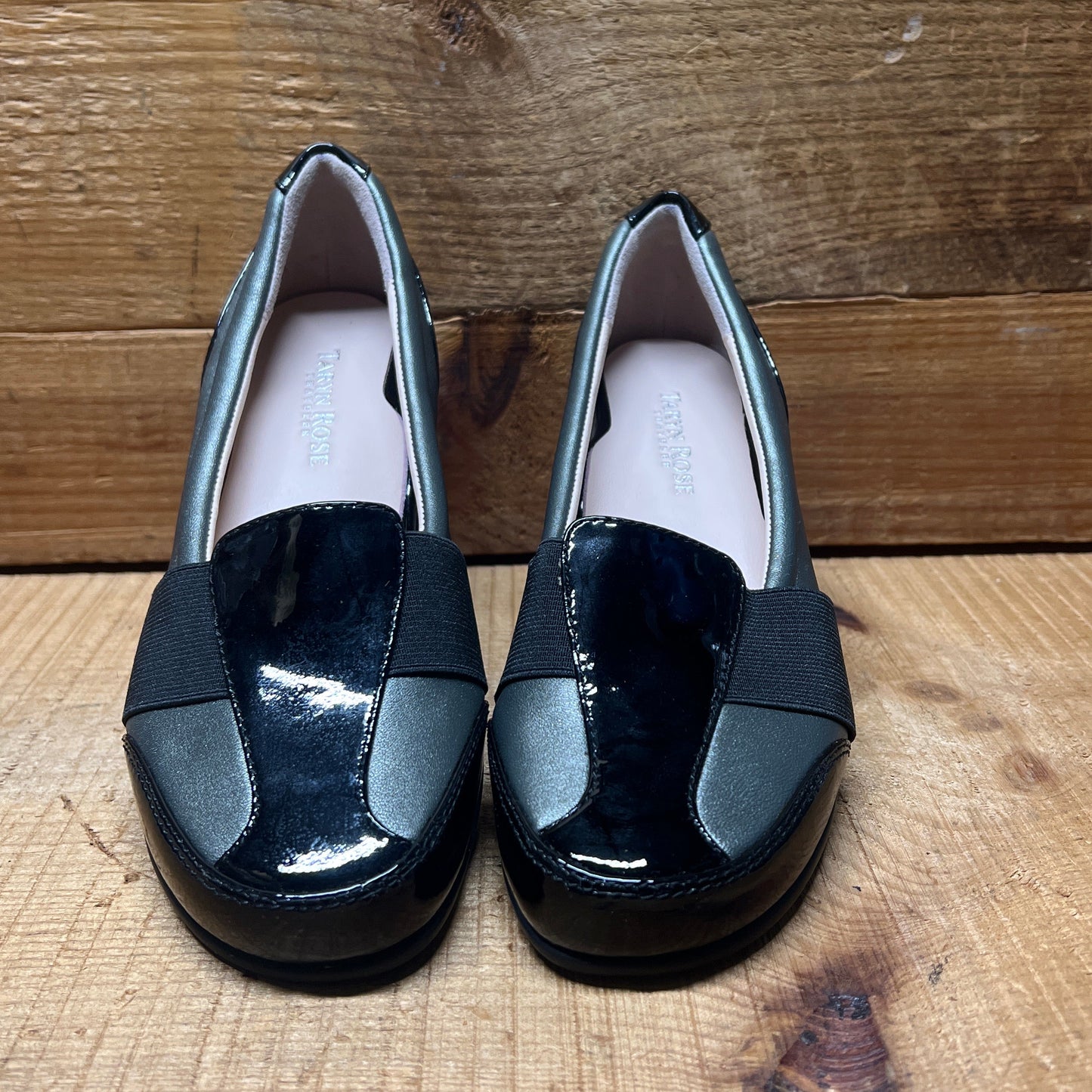 Women’s Taryn Rose-Traveler •Taurus • Elastic-gored Slip on 6M  Pewter leather /Black patent