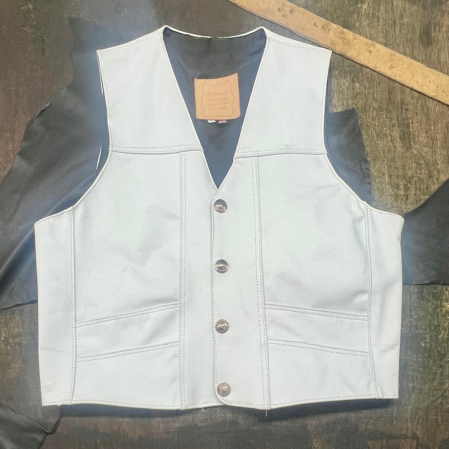 Men’s Bench Made Buffalo Nickel Snap Front Vest Size Large - White Leather - Made in USA