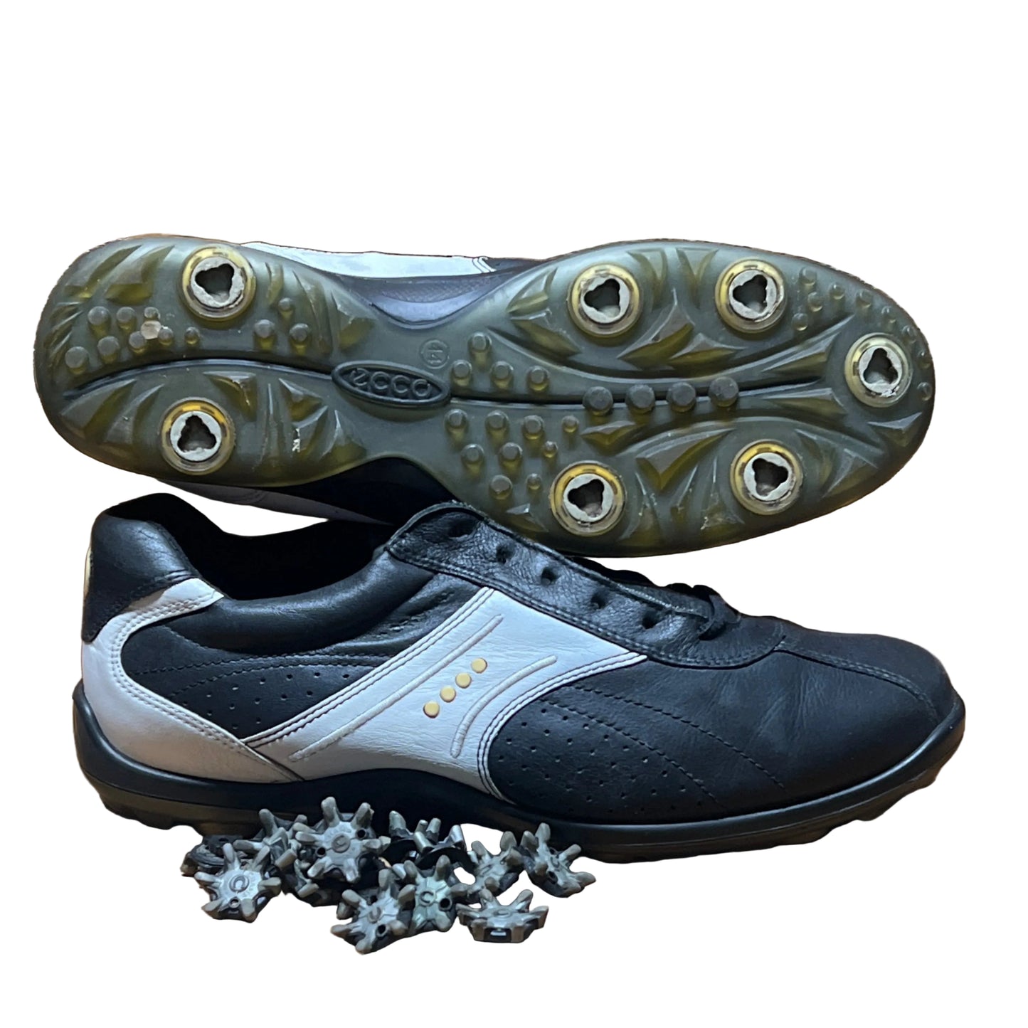 Men’s Ecco Hydomax Cleated Golf Shoe • Black/White Leather • Size 44