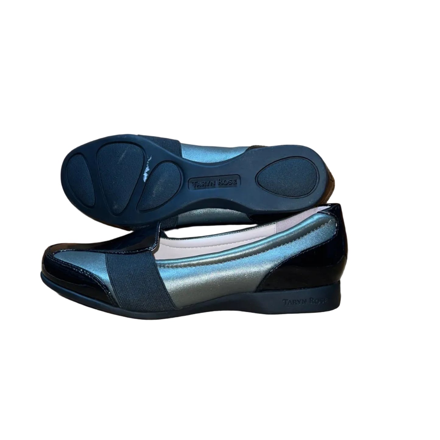 Women’s Taryn Rose-Traveler •Taurus • Elastic-gored Slip on 6M  Pewter leather /Black patent