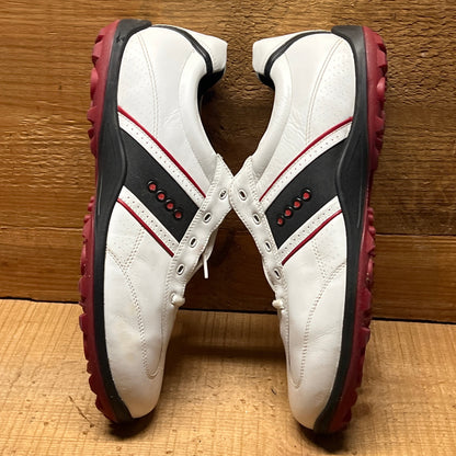 Men’s Ecco Hydomax Cleated Golf Shoe •White/Black/Red Hjydromax Leather • Size 46