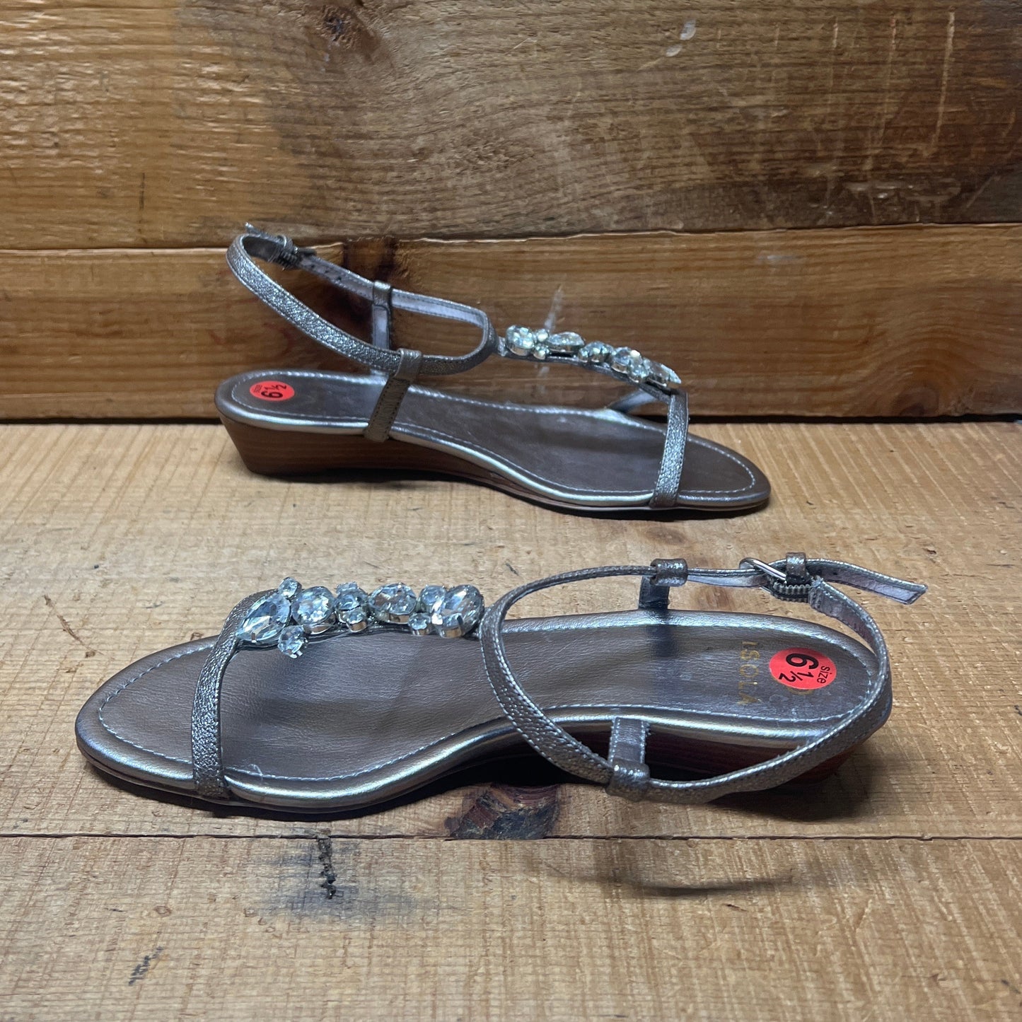 ISOLA Women's "Trista" Leather  T-strap Jeweled Sandal 6.5M Anthrancite Leather