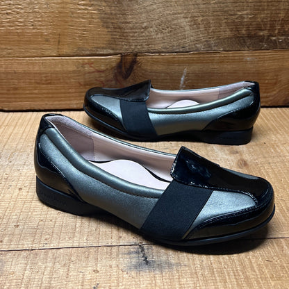 Women’s Taryn Rose-Traveler •Taurus • Elastic-gored Slip on 6M  Pewter leather /Black patent