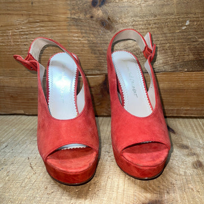 Jean Michal Cazibet Women's •Shikira• Peep-Toe Platform Sling-back 37.5 Red Kid Suede