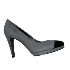 ELLEN TRACY Women's • Georgi• Cap-toe high Heel Pump 6.5M. Grey Kid Suede/Black Patent