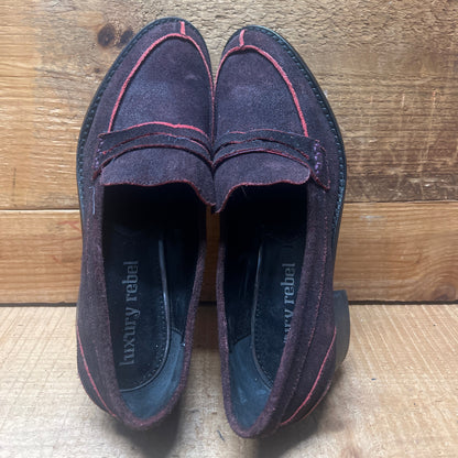 LUXURY REBEL Women's Block Heel  Snip-toe Penny Loafer 37EU/US6.5-7 Coffee Suede Leather