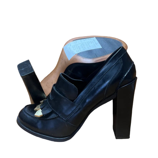 LUXURY REBEL Women's High Healed Gold-tipped Kiltie Penny Loafer Pump. 37EU/US 6.5-7  Black Polished Leather