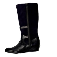 Crown Vintage •Clover• Leather Hidden Wedge Boot -Expandable Wide Shaft 7M Black Leather