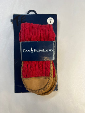 Toddler POLO RALPH LAUREN  •Red Cable Knit-Leather Slipper Sock•